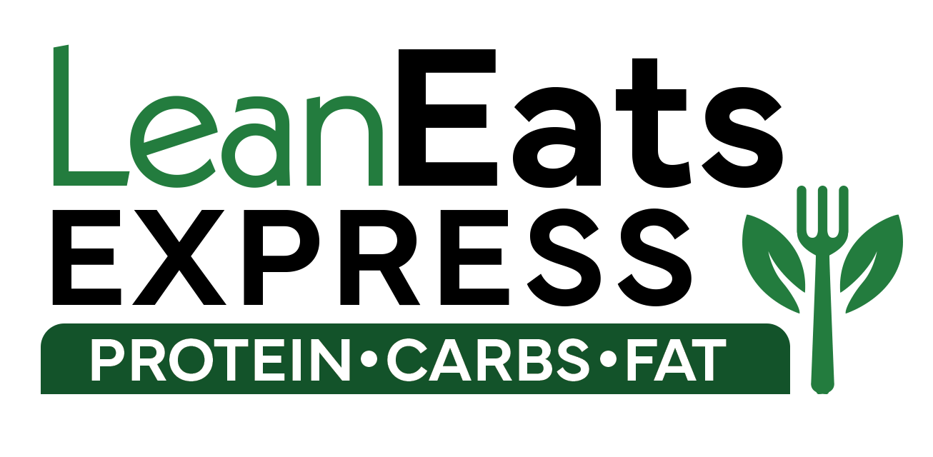 LeanEats Express logo with green and black text, featuring fork with leaves icon and protein carbs fat tagline